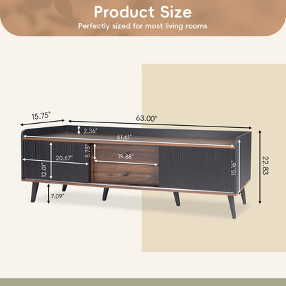 63” Mid-Century Modern TV Stand for TVs up to 70”, Wooden Entertainment Center with Cabinets & Open Storage