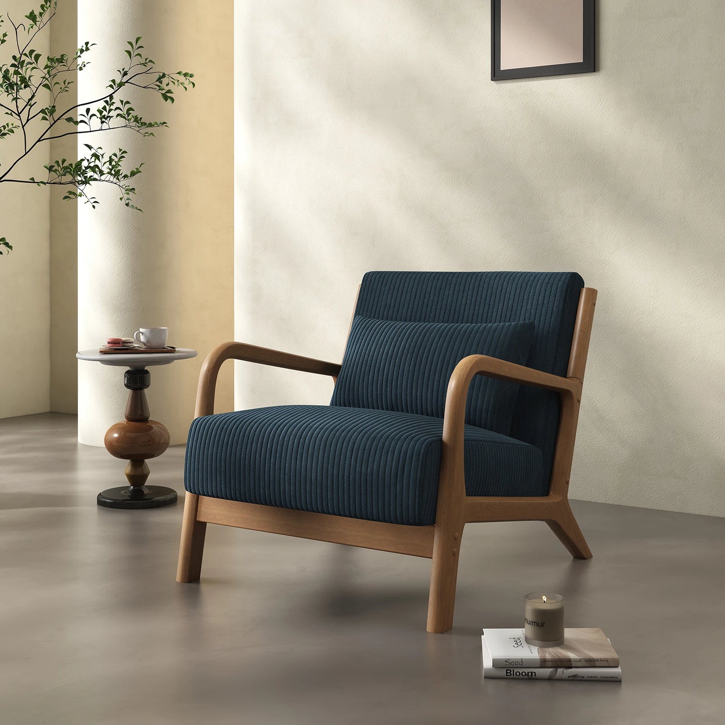 Mid-Century Modern Accent Chair – Comfy Fabric Armchair with Solid Wood Frame for Living Room