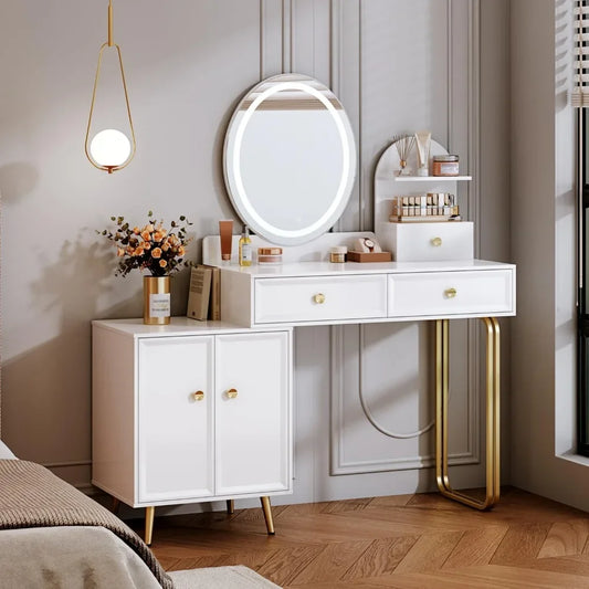 Modern Vanity Desk | Compact Makeup Table with LED Mirror & 2 Drawers