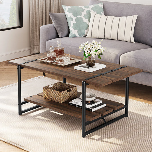 Rustic Farmhouse 2-Tier Coffee Table with Storage Shelf