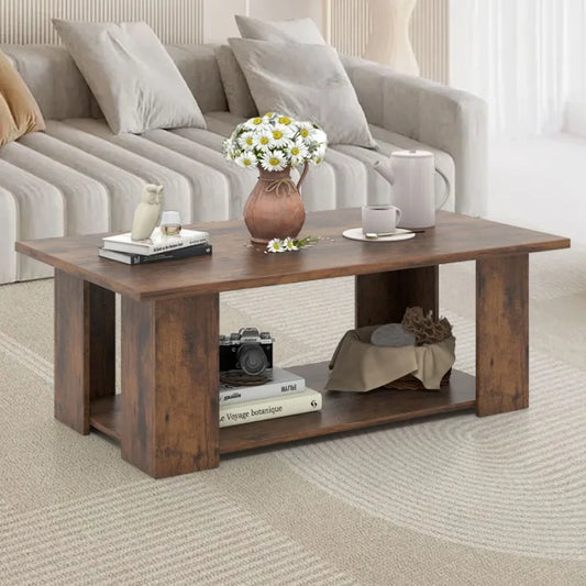 Large 41” Two-Tier Wooden Modern Coffee Table with Storage Shelf